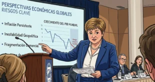 Caricatura de Kristalina Georgieva directora del FMI analizando riesgos económicos globales
