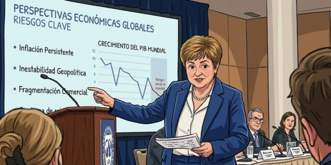 Caricatura de Kristalina Georgieva directora del FMI analizando riesgos económicos globales