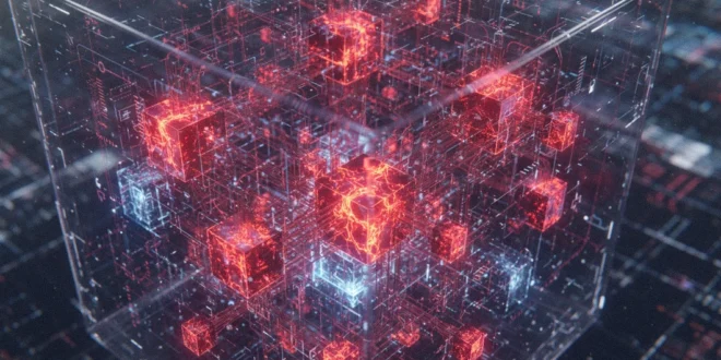 Representación visual de la arquitectura interna de un modelo de lenguaje con nodos iluminados en rojo simbolizando tensión.