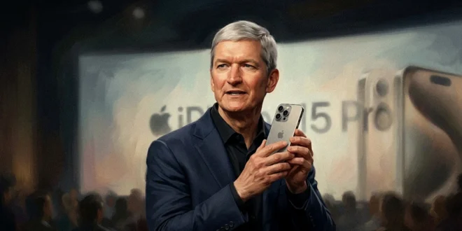 Tim Cook presentando un modelo de iPhone en un evento de Apple