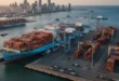 Buque de carga de Maersk operando en una terminal portuaria internacional