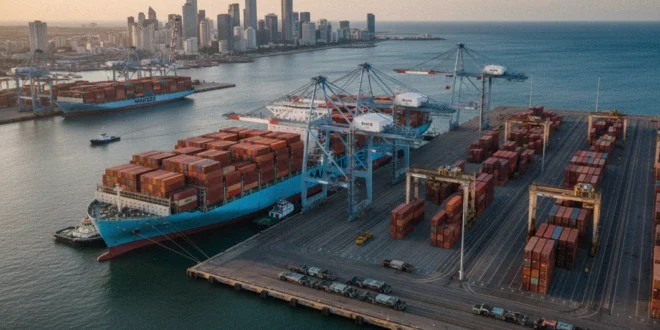Buque de carga de Maersk operando en una terminal portuaria internacional