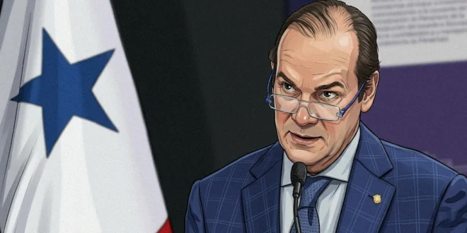 Ilustración del Canciller Javier Martínez-Acha en conferencia de prensa defendiendo la soberanía marítima de Panamá