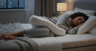 Persona durmiendo de lado con una almohada entre las rodillas para mejorar la alineación de la columna