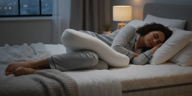 Persona durmiendo de lado con una almohada entre las rodillas para mejorar la alineación de la columna