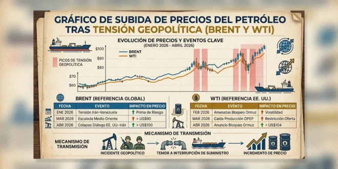 Gráfico de subida de precios del petróleo Brent y WTI tras tensión geopolítica