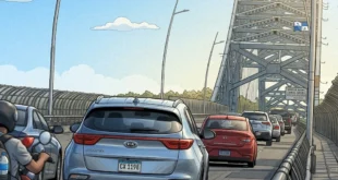 Caricatura de Tráfico de autos livianos cruzando el Puente de las Américas tras su reapertura parcial