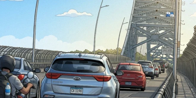 Caricatura de Tráfico de autos livianos cruzando el Puente de las Américas tras su reapertura parcial