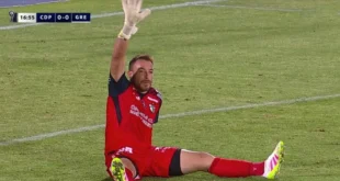 Sebastián Pérez, arquero de Palestino, celebrando una atajada en la Copa Sudamericana.