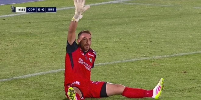 Sebastián Pérez, arquero de Palestino, celebrando una atajada en la Copa Sudamericana.