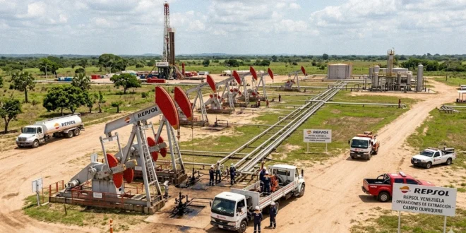 Instalaciones petroleras de Repsol en Venezuela durante una jornada de extracción