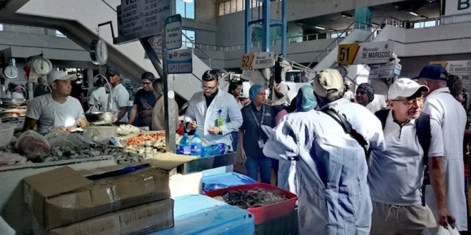 Inspectores de la RMS verificando la frescura del pescado en el Mercado de Mariscos de Panamá
