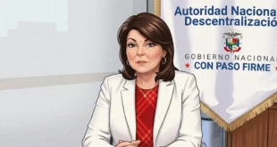 Caricatura de Roxana Méndez, directora de la Autoridad Nacional de Descentralización, durante una rueda de prensa.