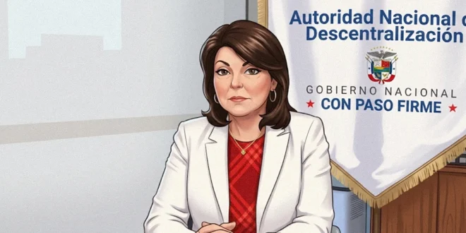 Caricatura de Roxana Méndez, directora de la Autoridad Nacional de Descentralización, durante una rueda de prensa.