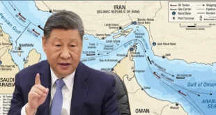 El presidente chino,Xi Jinping y mapa estratégico del estrecho de Ormuz con buques petroleros