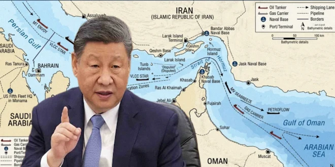 El presidente chino,Xi Jinping y mapa estratégico del estrecho de Ormuz con buques petroleros