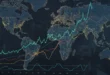 Gráfico bursátil del S&P 500 con indicadores financieros y mapa de Medio Oriente al fondo.