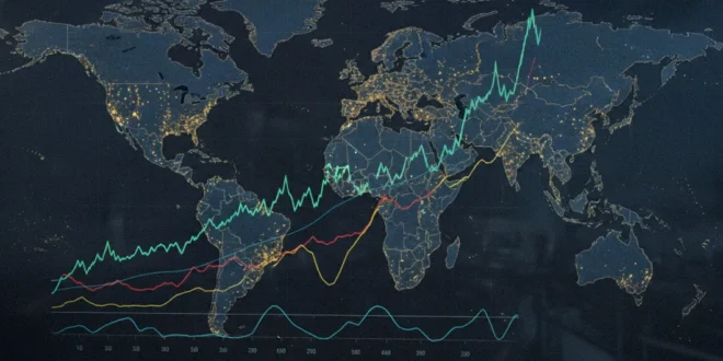 Gráfico bursátil del S&P 500 con indicadores financieros y mapa de Medio Oriente al fondo.