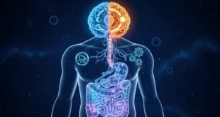 Ilustración científica que muestra la conexión entre el intestino y los ciclos de sueño