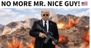 Donald Trump en un montaje gráfico con tono militar sobre el conflicto con Irán