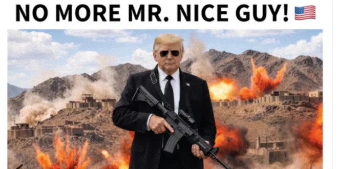 Donald Trump en un montaje gráfico con tono militar sobre el conflicto con Irán