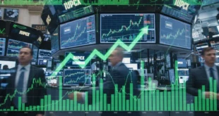 Pantallas de trading en Wall Street mostrando indicadores en verde durante una jornada de alta volatilidad