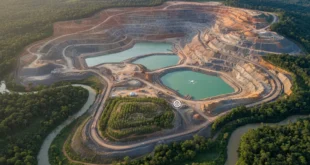 Vista aérea de la zona de operaciones mineras en Donoso bajo supervisión ambiental.
