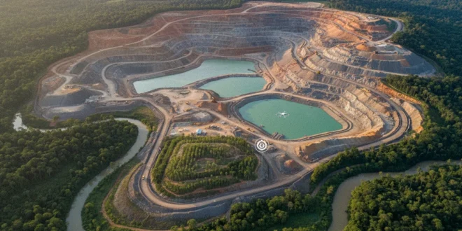 Vista aérea de la zona de operaciones mineras en Donoso bajo supervisión ambiental.