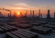 Barriles de petróleo crudo en una refinería industrial al atardecer