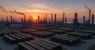 Barriles de petróleo crudo en una refinería industrial al atardecer