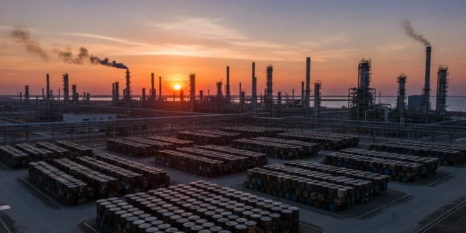 Barriles de petróleo crudo en una refinería industrial al atardecer