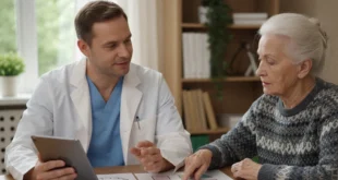 Médico analizando salud de paciente mayor para detección de Alzheimer