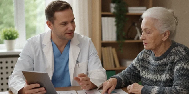 Médico analizando salud de paciente mayor para detección de Alzheimer