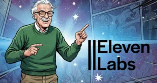 Ilustración de Stan Lee junto al logotipo de la plataforma de voz por IA ElevenLabs
