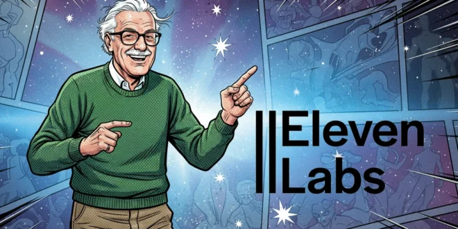 Ilustración de Stan Lee junto al logotipo de la plataforma de voz por IA ElevenLabs