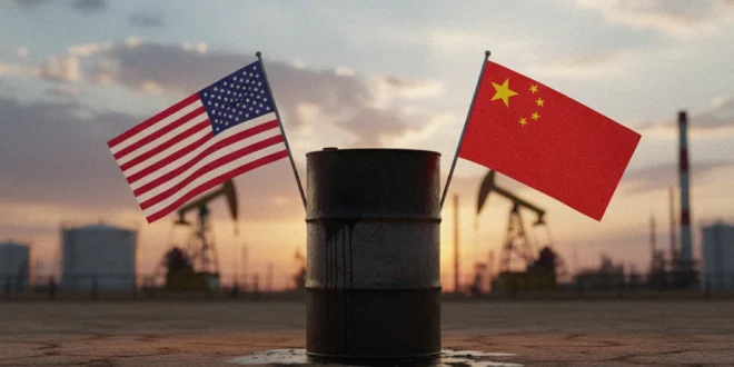Bandera de Estados Unidos y China frente a un barril de petróleo