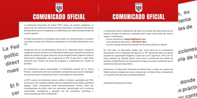 Comunicado oficial de la Federación Panameña de Fútbol sobre la integridad deportiva