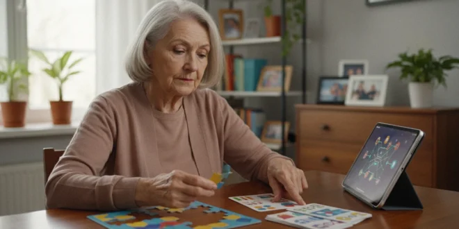 Persona mayor realizando ejercicios de estimulación mental para prevenir el Alzheimer.