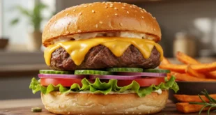 Hamburguesa casera gourmet con queso fundido y vegetales frescos en pan brioche dorado