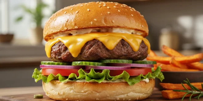 Hamburguesa casera gourmet con queso fundido y vegetales frescos en pan brioche dorado