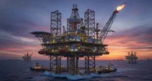 Plataforma petrolera operando en alta mar representando la industria energética global