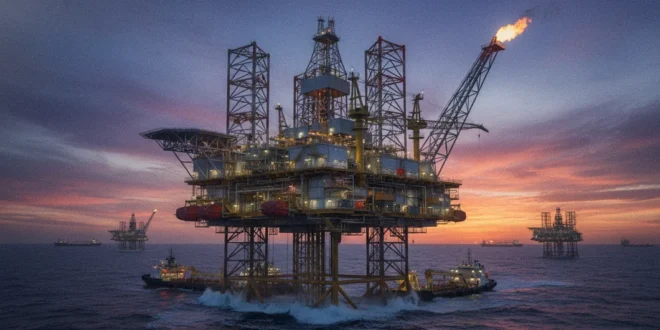 Plataforma petrolera operando en alta mar representando la industria energética global
