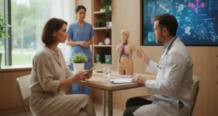 Mujer consultando con su médico sobre opciones de tratamiento para la obesidad y salud metabólica.