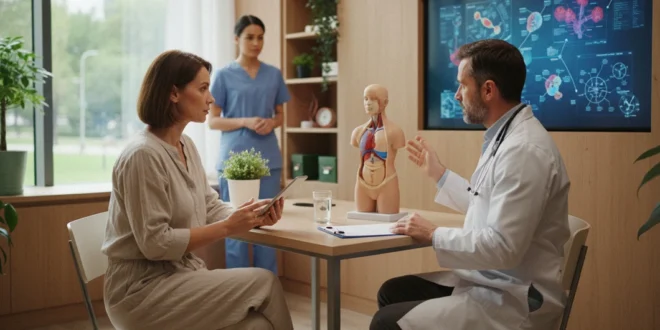 Mujer consultando con su médico sobre opciones de tratamiento para la obesidad y salud metabólica.