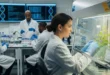 Científicos analizando hojas de planta de stevia en laboratorio genético