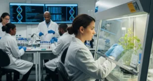 Científicos analizando hojas de planta de stevia en laboratorio genético