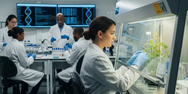 Científicos analizando hojas de planta de stevia en laboratorio genético