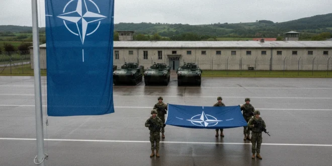 Soldados y bandera de la OTAN en una base militar europea