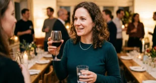Persona sosteniendo una copa de vino y un vaso de agua en un entorno social