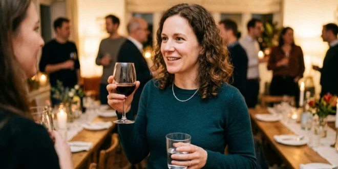 Persona sosteniendo una copa de vino y un vaso de agua en un entorno social